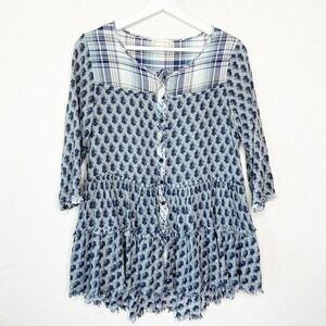 Altar'd State Frayed Tiered Plaid Floral Blouse